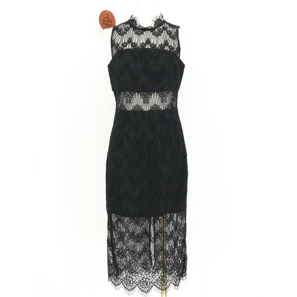 Keepsake Black Lace High Neck‎ Sleeveless Midi Dress Sheer Panels Size Medium